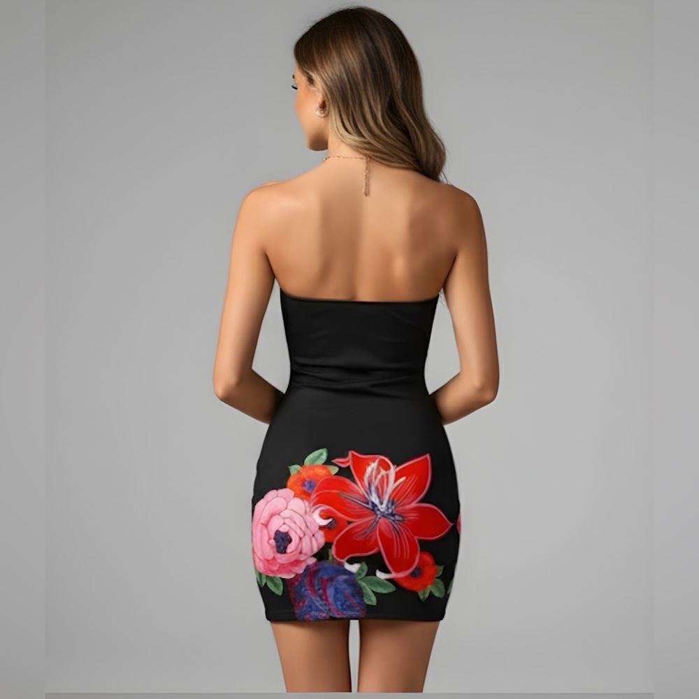Floral Pattern Bandeau Mini Dress Black - Picture 3 of 5
